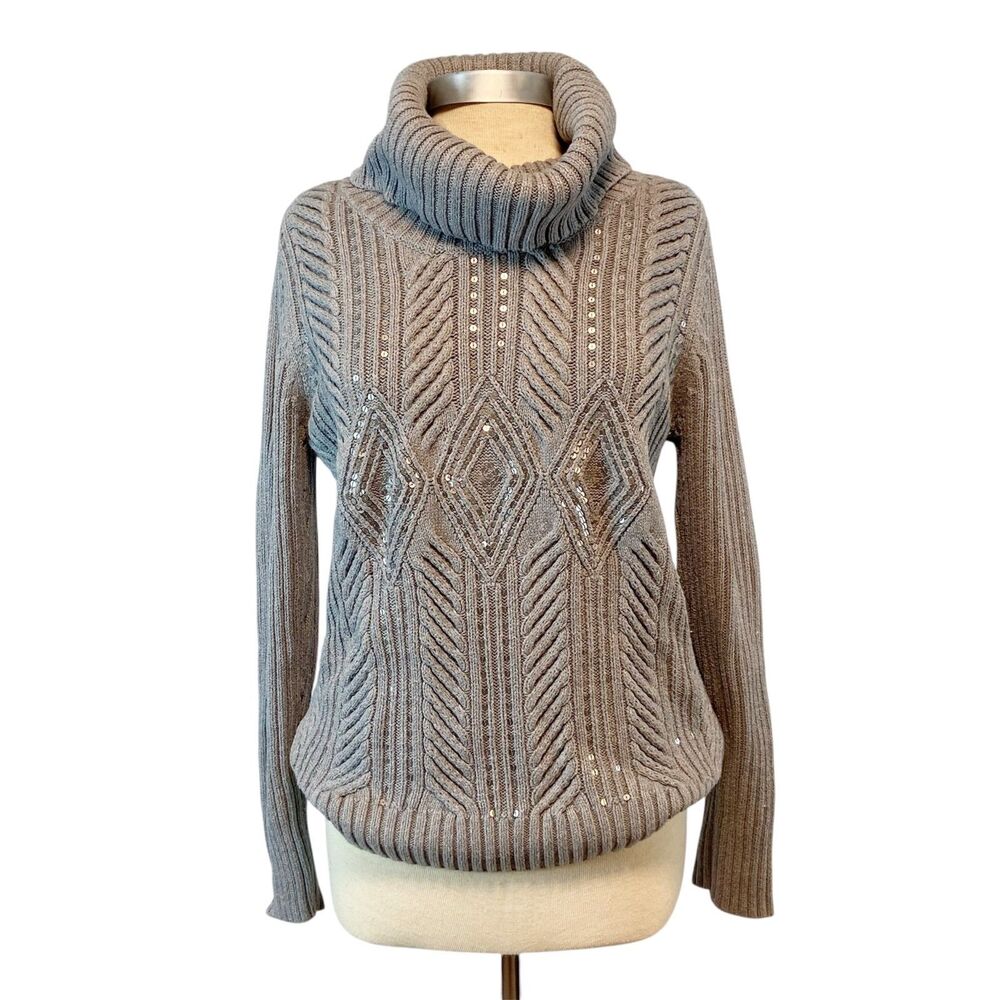 Talbots Fisherman Sweater Women's XL Gray Turtleneck Chunky‎ Cable Knit Sequin